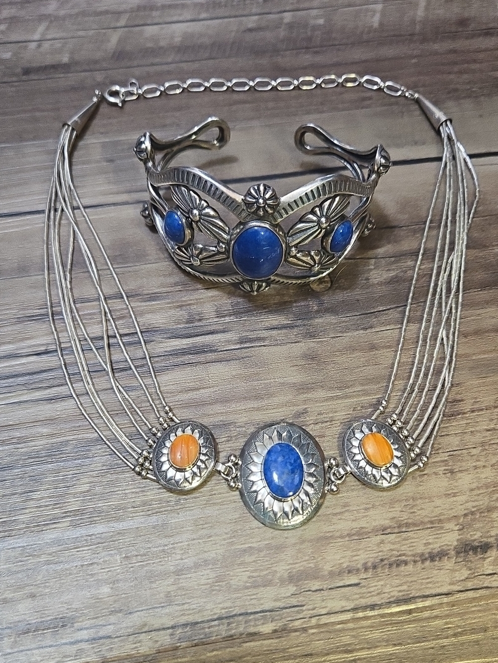 Rare ! Carolyn Pollack Lapis & Coral Necklace and Cuff Set !
